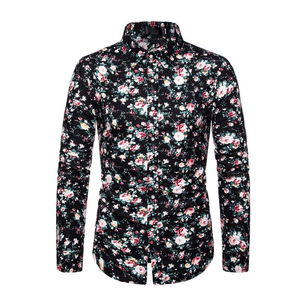 Camisa Floral de manga larga para hombre, ajustada, abotonada, mezcla de poliéster transpirable, traje informal de negocios para fiesta y oficina, primavera y otoño