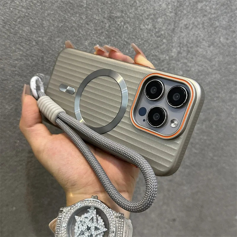 Funda Magnética Delgada Mate con Rayas para iPhone 16 15 ProMax 14 13 12 Pro Max 16 Plus, Antigolpes, Compatible con Magsafe, con Cordón