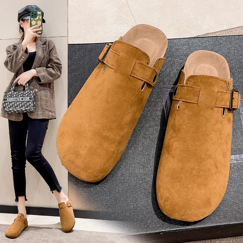 Sandalias de medio arrastre, zuecos para mujer, zapatillas de gamuza de corcho a la moda, zapatillas clásicas antideslizantes de corcho para exteriores con arco