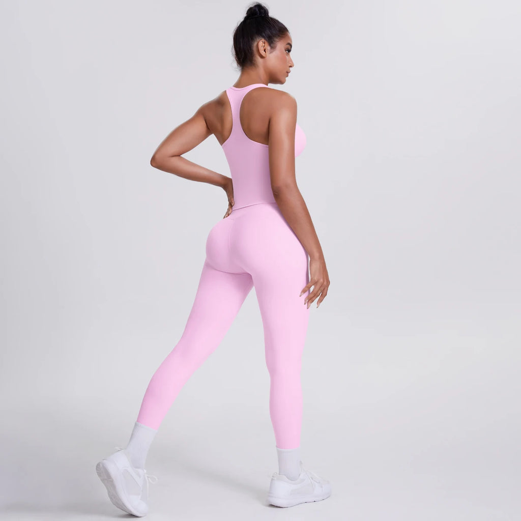 Hamidou - Conjunto de yoga de 2 piezas para mujer: leggings de fitness de secado rápido con efecto push-up y top deportivo con espalda en I de color liso.