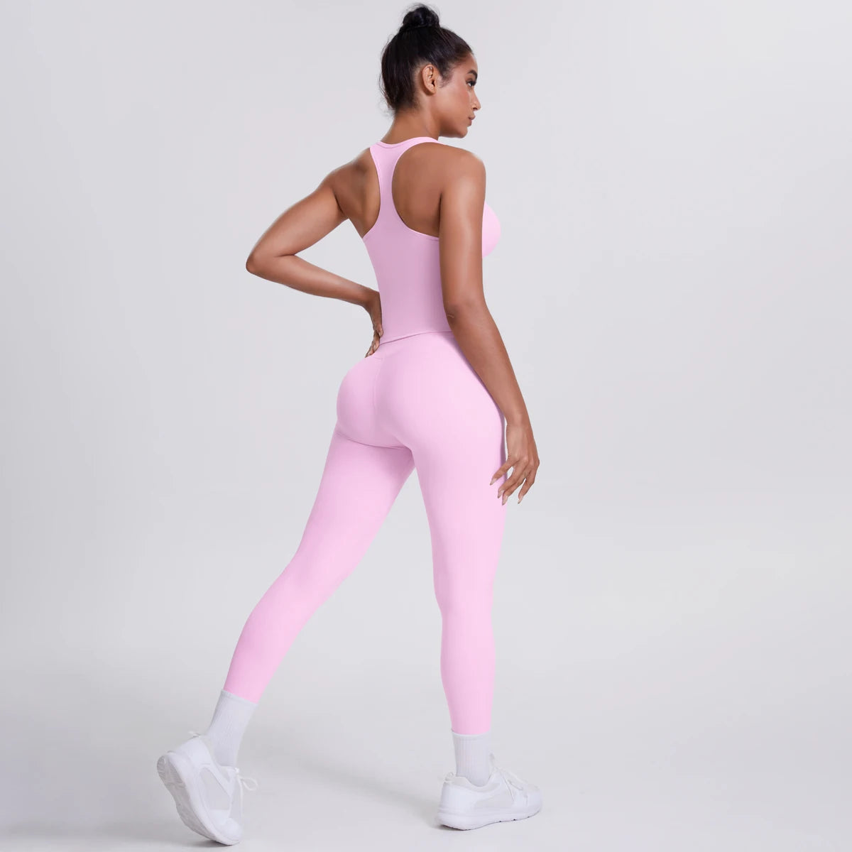 Hamidou - Conjunto de yoga de 2 piezas para mujer: leggings de fitness de secado rápido con efecto push-up y top deportivo con espalda en I de color liso.