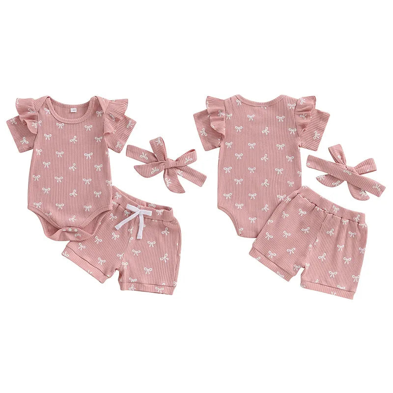 Conjuntos de verano para niña de 0 a 18 meses, pelele de manga corta con estampado de lazo, pantalones cortos de cintura elástica y diadema, conjunto de 3 uds.