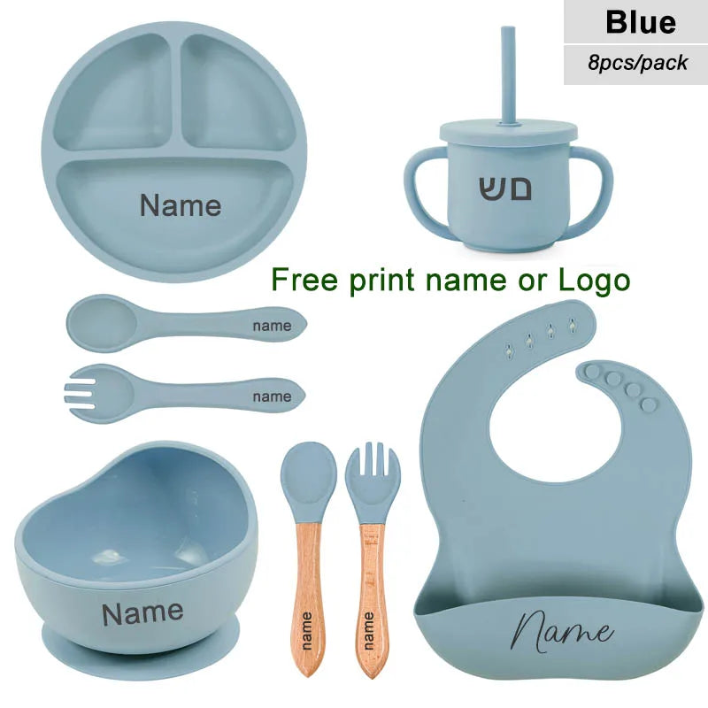 Juego de alimentación de silicona para bebé, plato de comedor redondo, cuenco con ventosa, platos para niños, vajilla con nombre personalizado, taza de paja, 8 Uds.