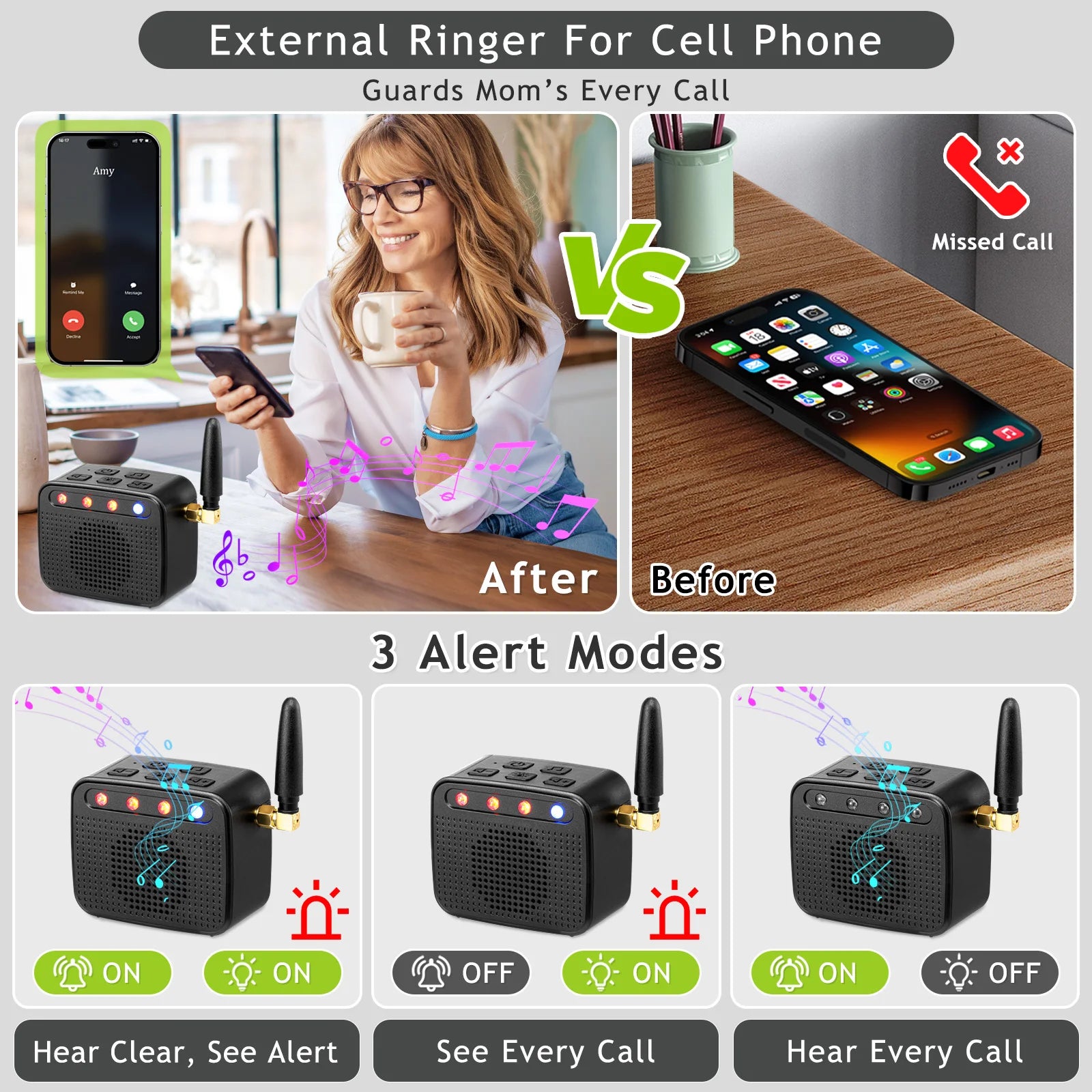 Timbre externo Earpanda para teléfono celular, timbre con luz para personas con discapacidad auditiva - Tonos de llamada de 120 dB, luz intermitente brillante
