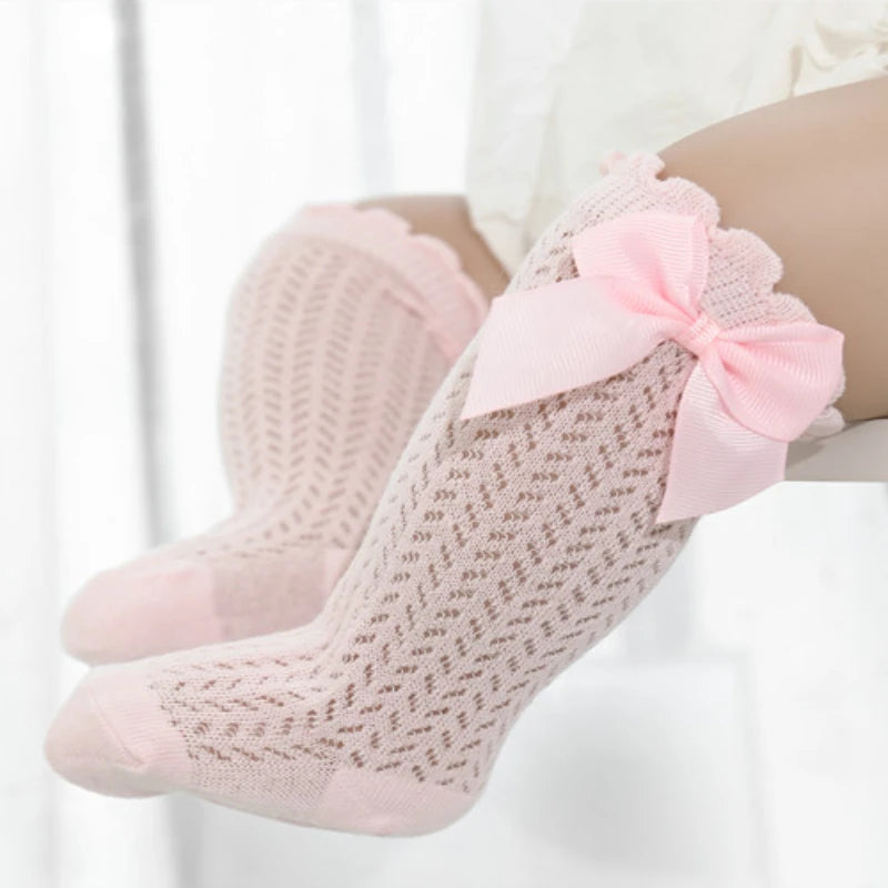 Calcetines hasta la rodilla para bebé de 0 a 36M, calcetines largos hasta la rodilla de malla de algodón con lazo grande para niño pequeño, calcetines largos de princesa para niña 2025
