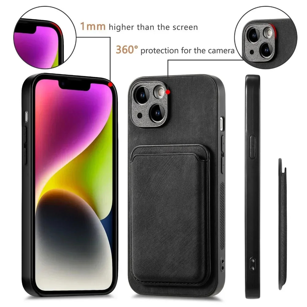 Funda de Cuero Vintage con Tarjetero Magnético Desmontable para iPhone 11 12 13 14 15 16 17 Pro Max Plus, Funda Protectora