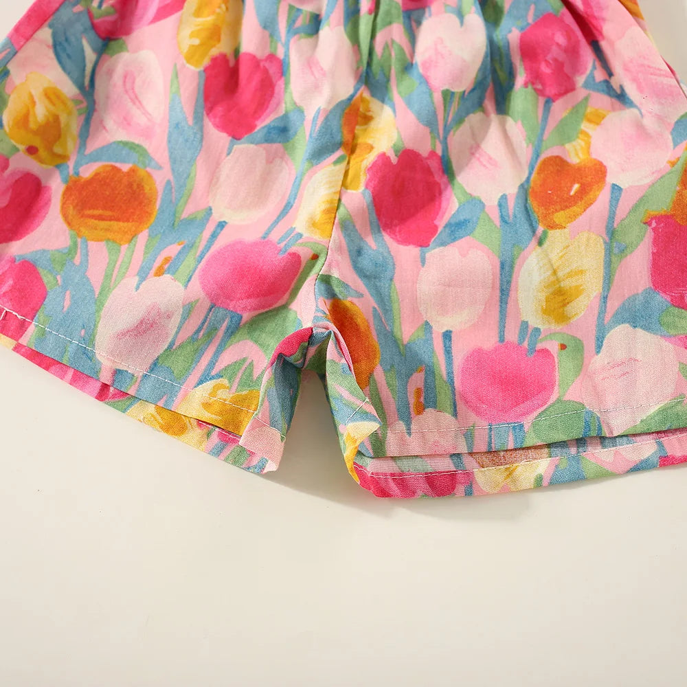 Conjunto de verano de 2 piezas con tirantes y pantalones cortos para niña, Top con tirantes de manga voladora pequeña con estampado de tulipán de dibujos animados