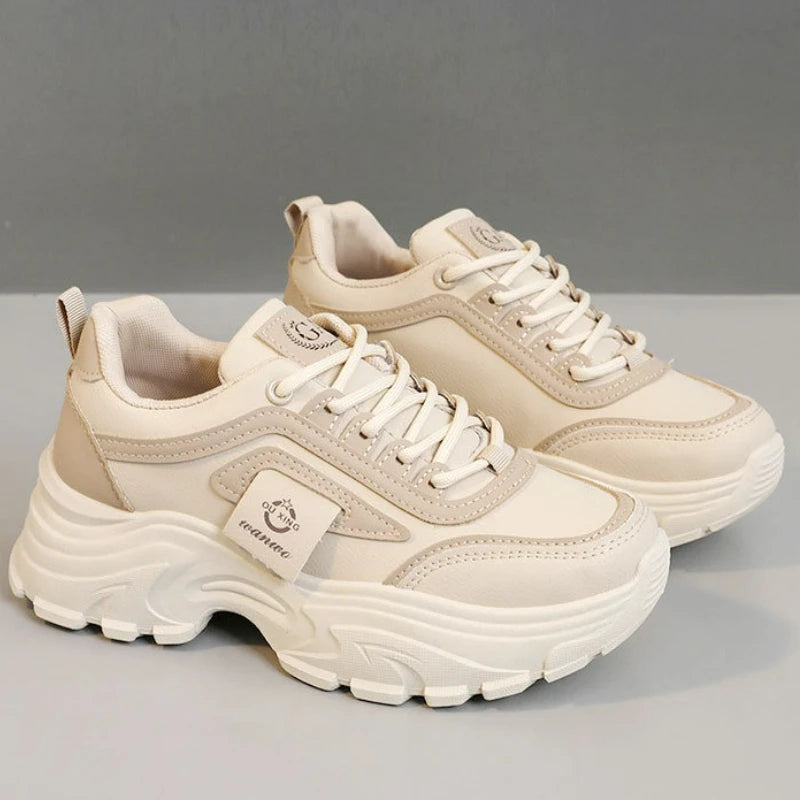 Zapatillas de deporte para mujer, zapatos de cuero con aumento de altura, zapatos informales con cordones a la moda, zapatos vulcanizados para exteriores, zapatos de plataforma de diseñador para mujer