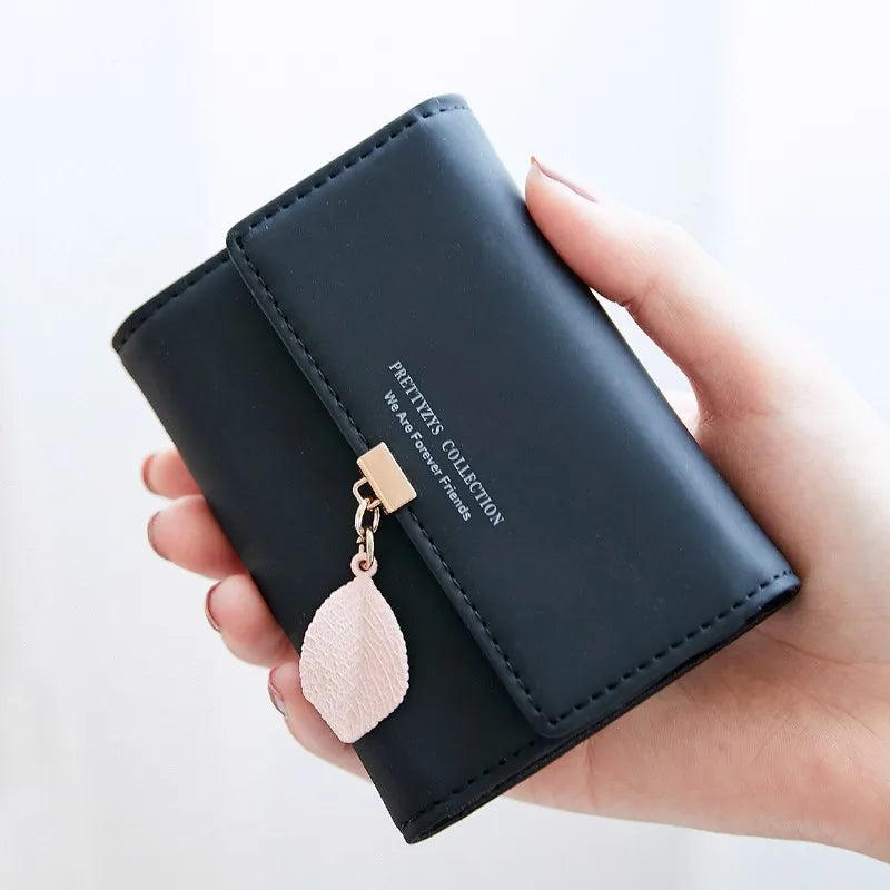 Cartera de mujer con bonita hoja de acordeón, Mini tarjetero, monedero corto a la moda, billetera Simple de color sólido, monedero delgado múltiple
