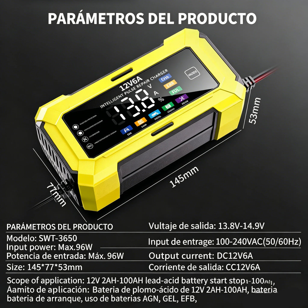 Cargador inteligente de pulso 12V 6A, adecuado para baterías de automóviles/motocicletas/camiones/AGM/GEL/EFB/ácido de plomo/LiFePO₄, con pantalla a color grande, cambio de modo con un solo botón,