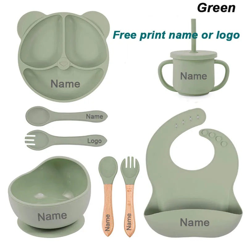 Vajilla de silicona para niños, juego de alimentación de bebé, plato de dibujos animados, nombre personalizado, taza con ventosa, plato, babero, regalo para recién nacido, 8 Uds./5 uds.