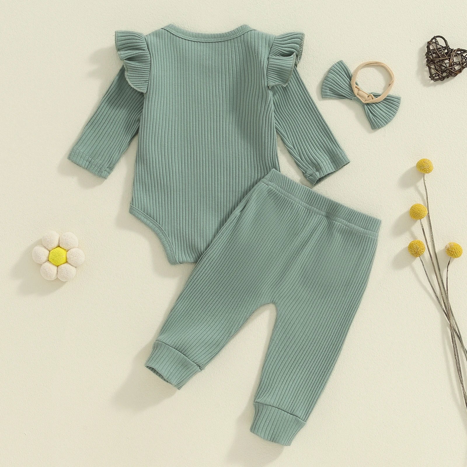 Conjunto de 3 piezas para niñas de 0 a 12 meses, pelele con volantes y manga larga con estampado de letras, Tops, pantalones largos, trajes con banda para el pelo