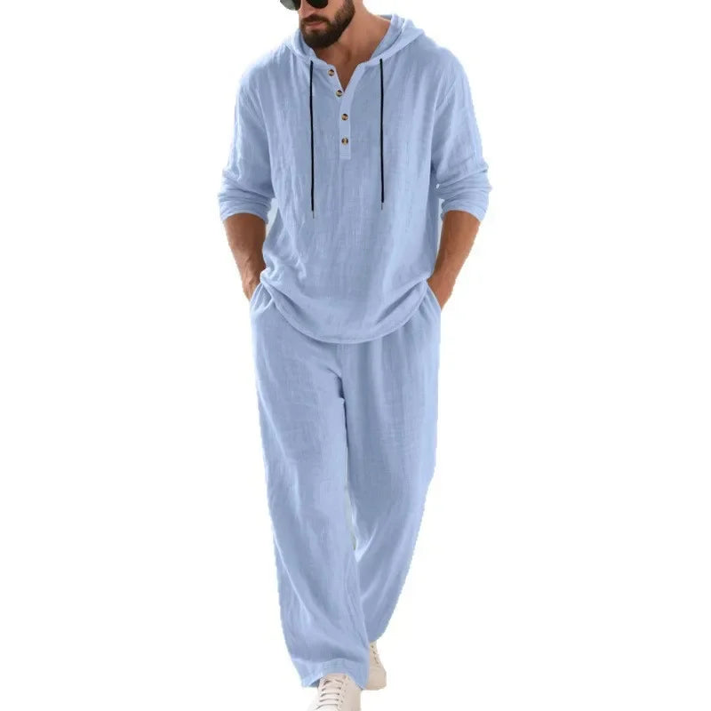 Conjunto informal holgado de lino para hombre, camisa Henry de manga larga y pantalones largos, conjunto cómodo y transpirable a la moda para otoño 2025