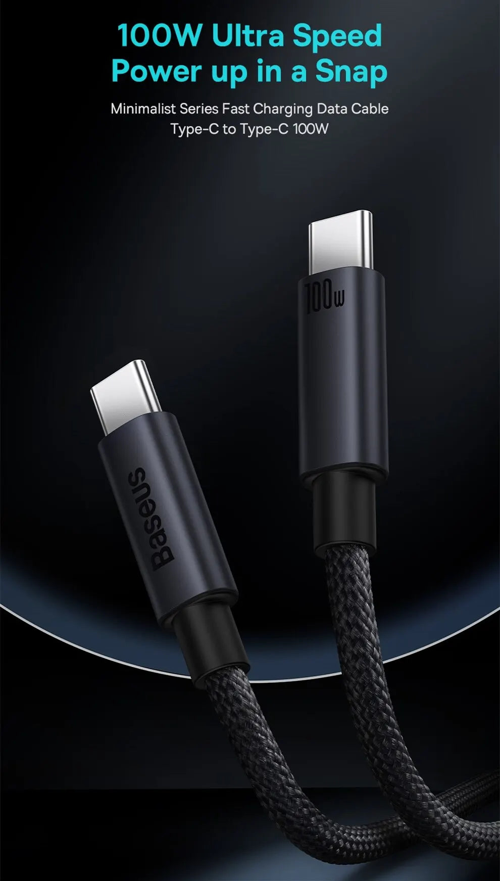 Baseus-Cable USB tipo C de carga rápida, cargador de 100W, PD, para iPhone 16, 15 Plus Pro Max, Macbook, Xiaomi y Samsung
