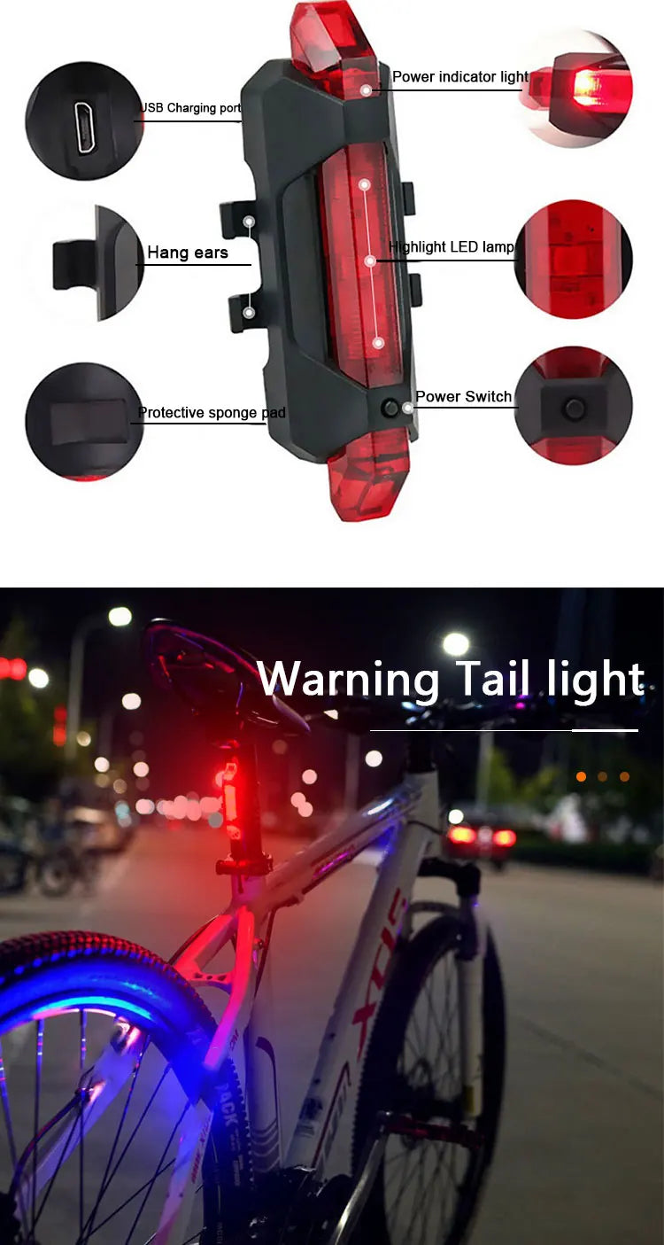 Luz delantera de bicicleta recargable por USB, luz trasera roja, fácil de instalar, 3 modos, accesorios para bicicleta