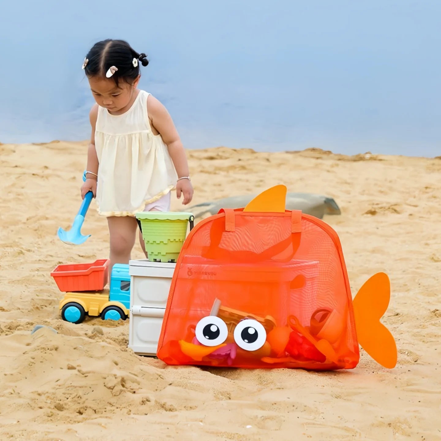 Bolsa de playa bonita de gran capacidad, juguete de excavación de arena, bolsa de malla plegable portátil para viajes en la playa, almacenamiento de deportes al aire libre, novedad de 2025