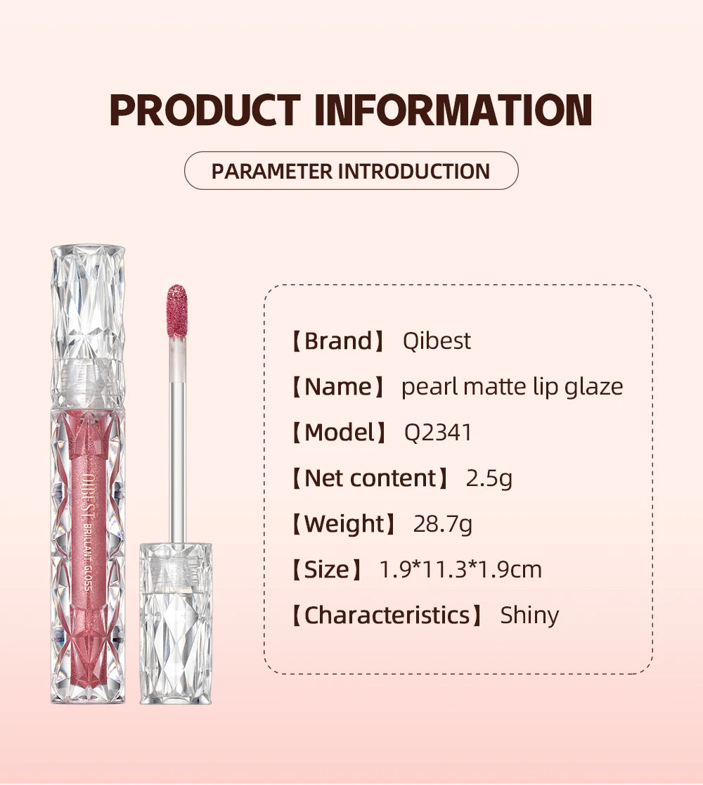 QIBEST-brillo de labios resistente al agua con brillo de diamante, lápiz labial líquido mate, esmalte de labios de perla brillante, tinte labial de larga duración, maquillaje para mujer