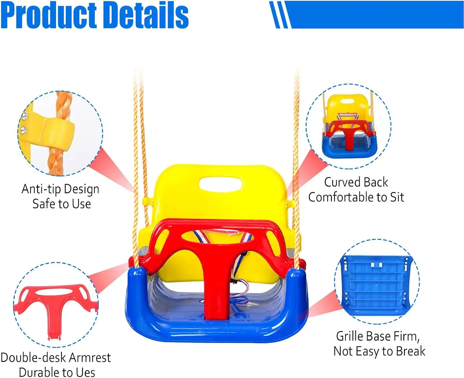 Asiento de columpio para bebé 3 en 1, columpio para niños pequeños, antideslizante y desmontable seguro para bebés y adolescentes, asiento de columpio para patio de juegos exterior