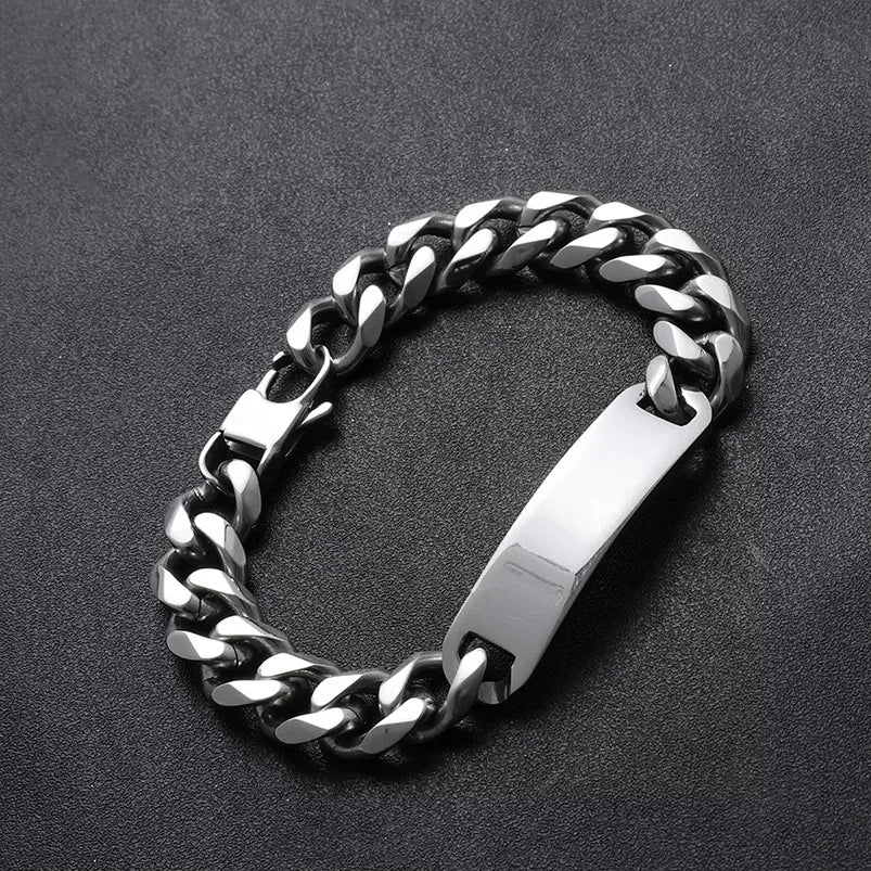 Pulseras Punk de acero inoxidable con texto grabado y logotipo personalizado para hombre, cadena cubana para mujer, pulsera de identificación, triangulación de envíos