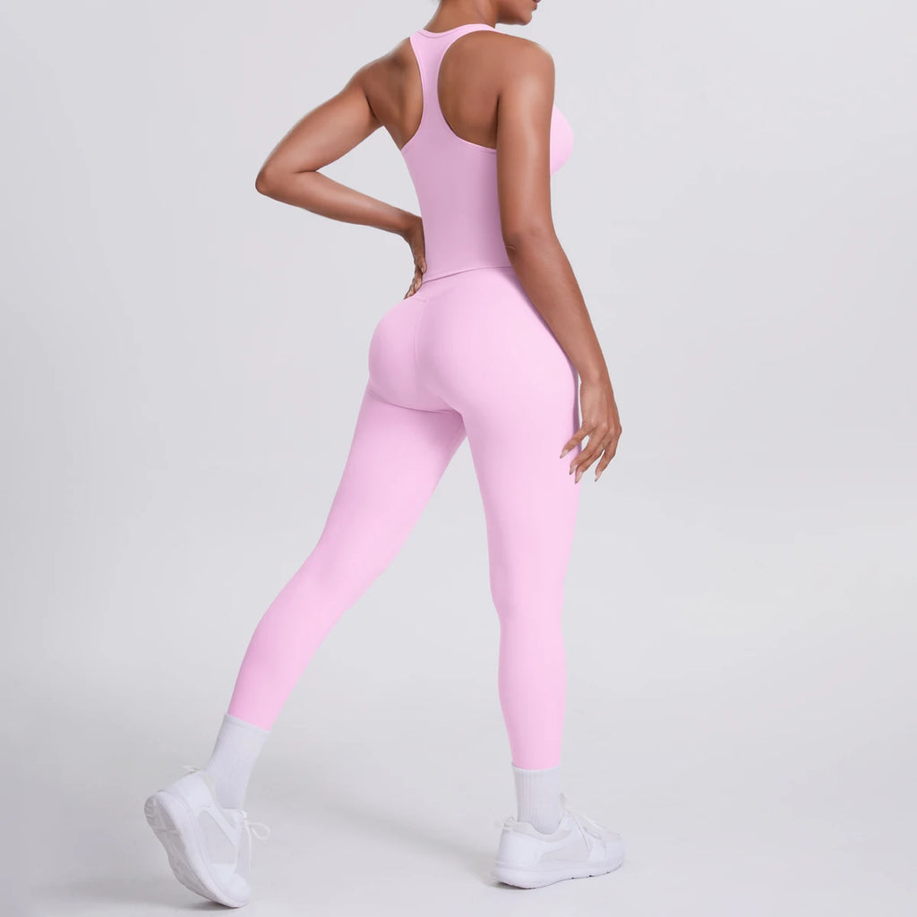Hamidou - Conjunto de yoga de 2 piezas para mujer: leggings de fitness de secado rápido con efecto push-up y top deportivo con espalda en I de color liso.