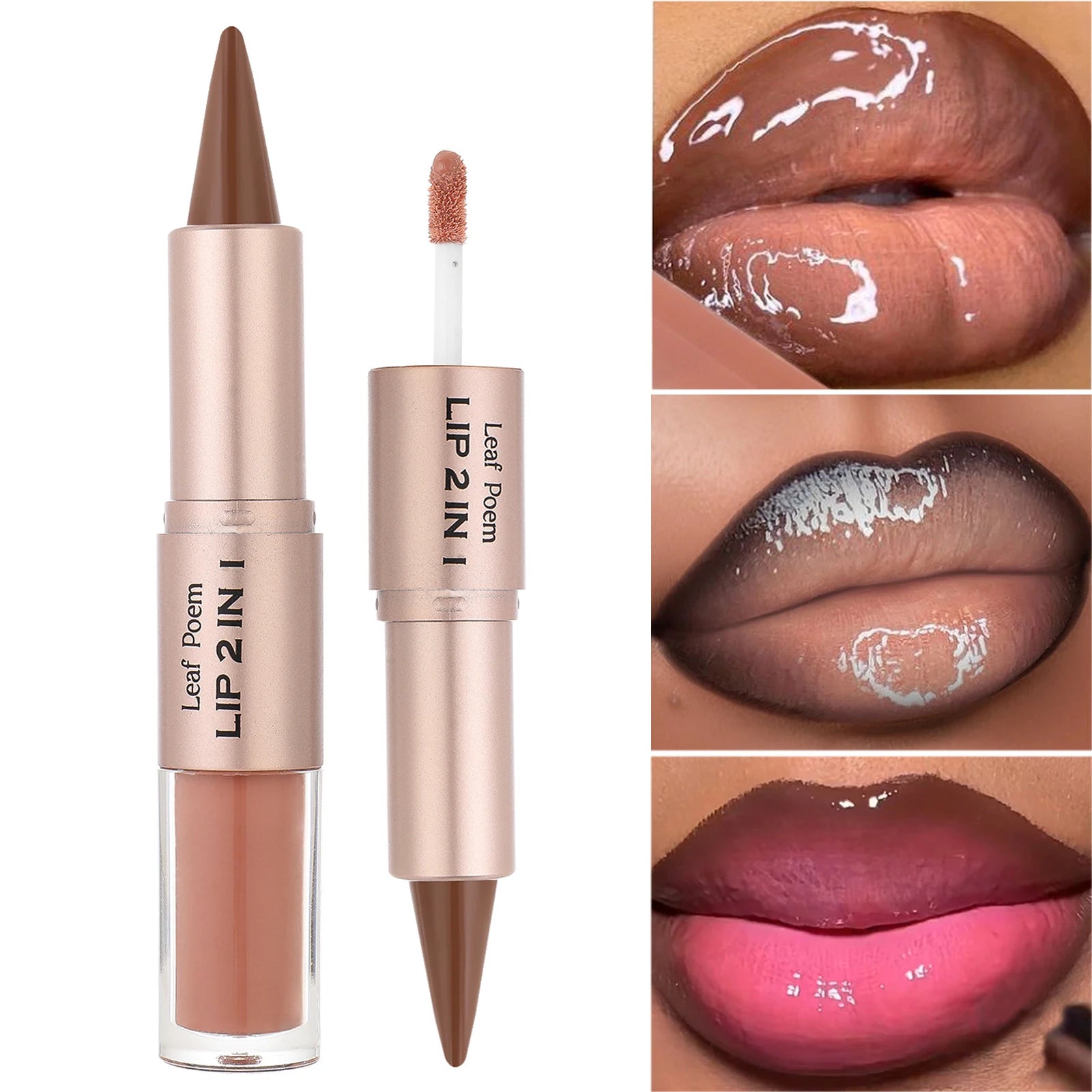 Delineador de labios cónico negro y marrón, lápiz de contorno, espejo de doble cabeza, brillo de labios de cristal, maquillaje de tinte de labios rojos sexis
