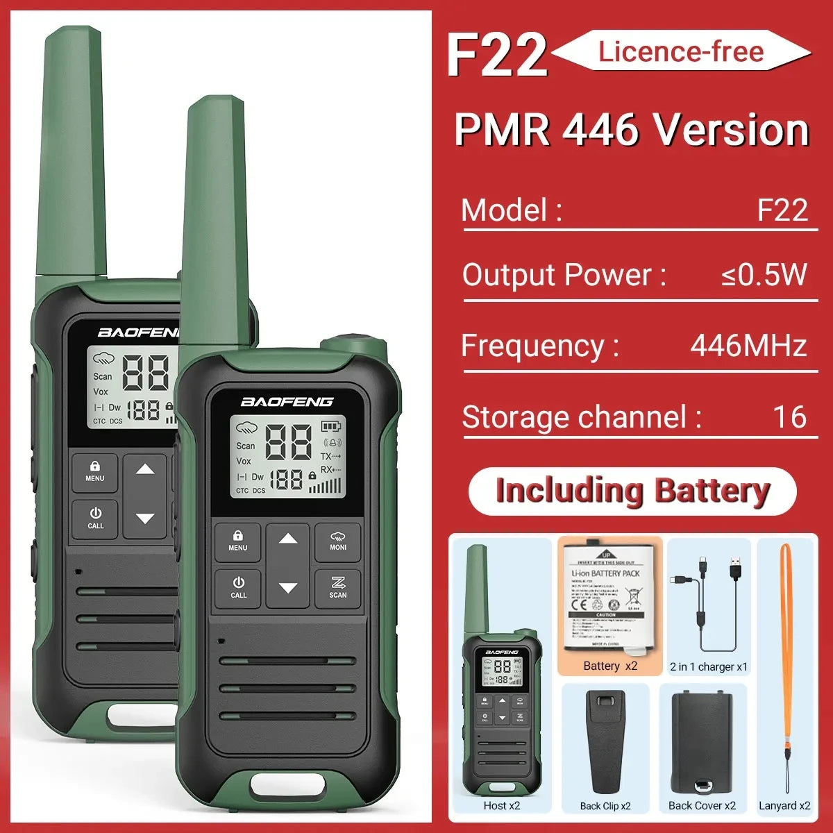 2PCS Baofeng F22 PMR 446MHz Mini Walkie Talkie Impermeable Tipo-C Sin Licencia NOAA Linterna Radio Bidireccional Portátil para Caza