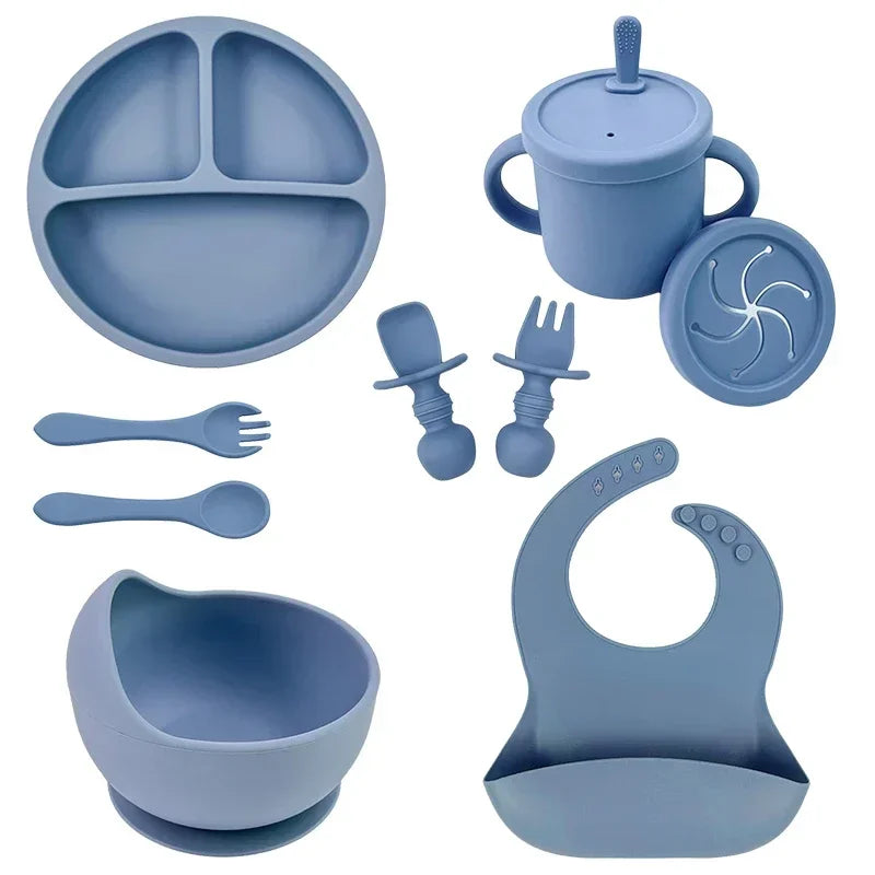 Juego de alimentación de bebé de silicona sin BPA, cuenco con ventosa, plato de comedor, taza de paja, cuchara, tenedores para niños, vajilla para bebés, platos para niños