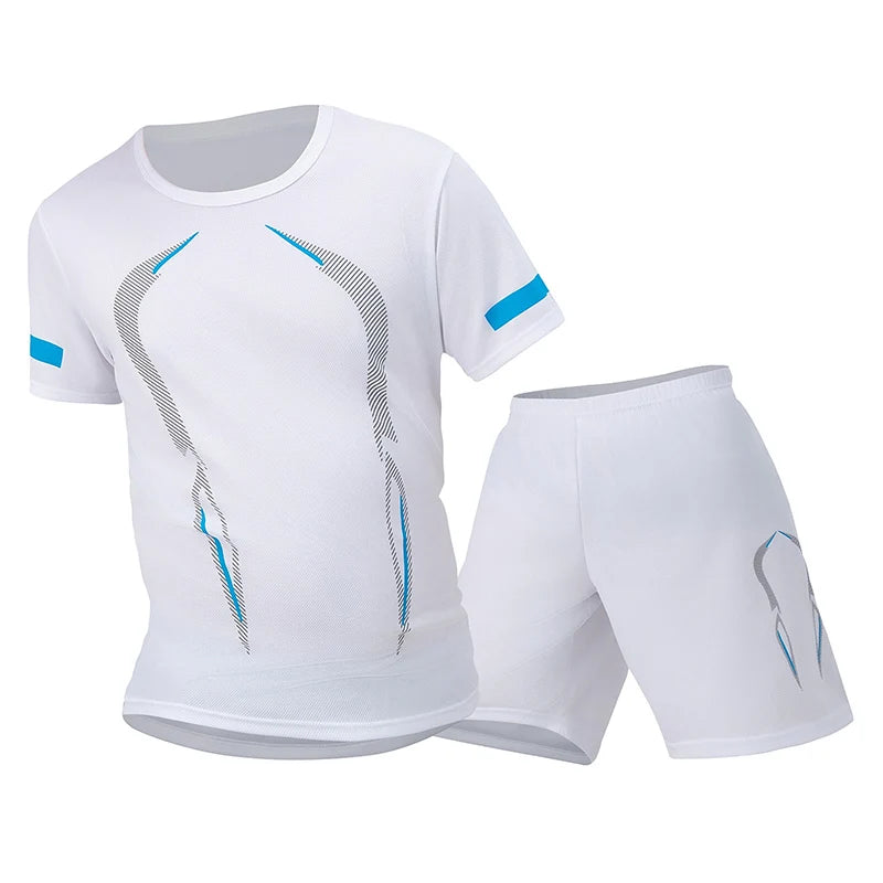Conjunto de manga corta para hombre de las cuatro estaciones, camiseta estampada de secado rápido para deportes juveniles, Fitness, correr, cómodo e informal, 2 piezas