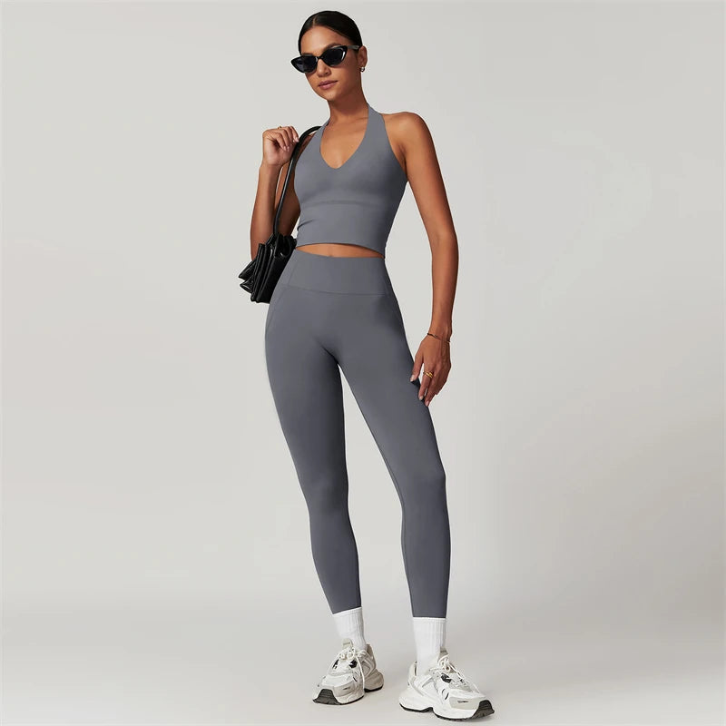 Conjunto de Yoga de 2 piezas para mujer, ropa deportiva de entrenamiento, ropa de gimnasio, Top corto de manga corta, mallas de cintura alta, trajes deportivos