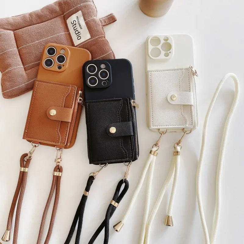 Funda con correa tipo billetera para iPhone 16 15 16Pro Max 11 12 13 14 Plus X XR XS Max ranuras para tarjetas cordón cruzado funda de silicona de cuero PU