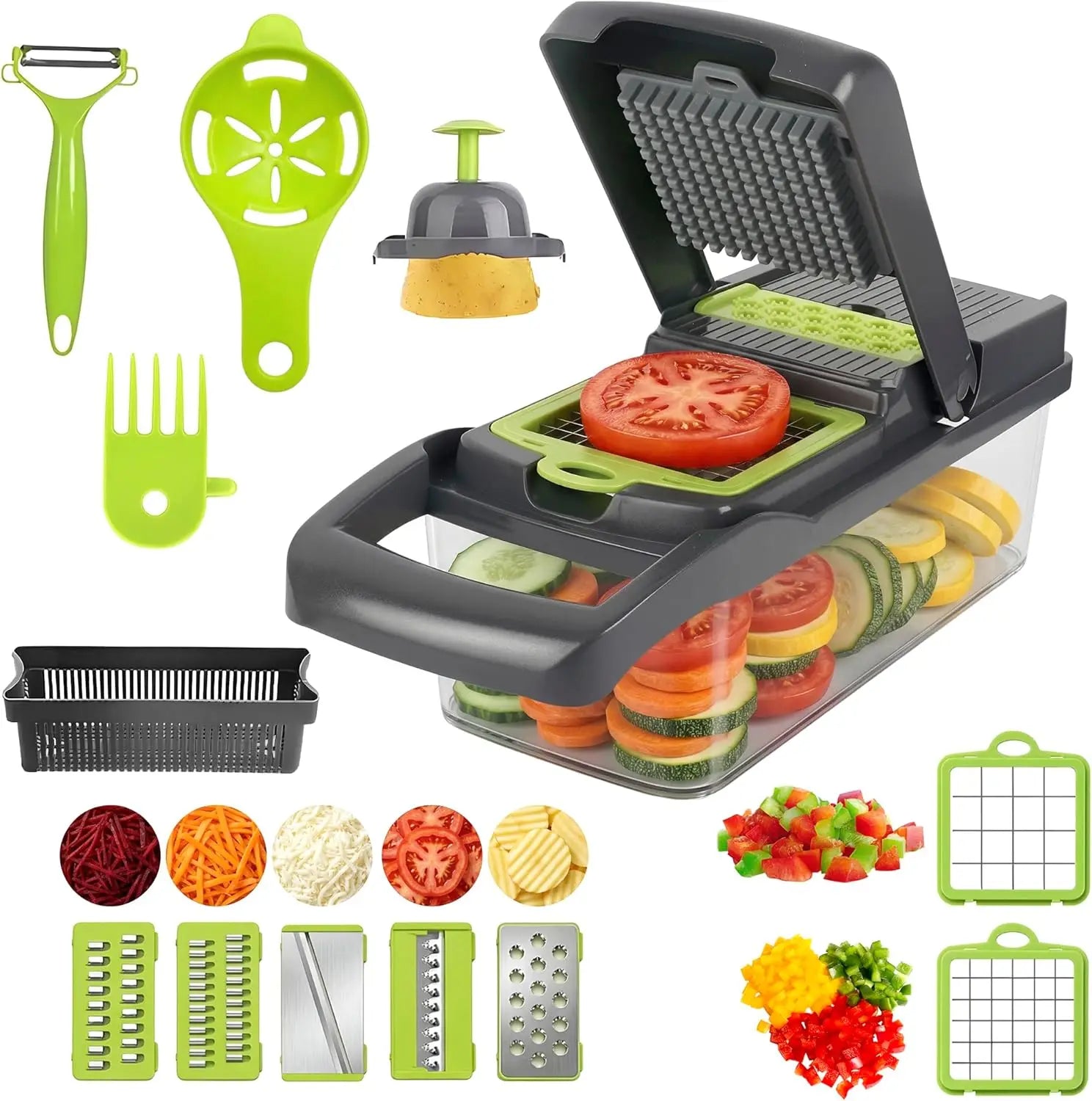 Cortador de Verduras 12 en 1 con 8 Cuchillas de Acero Inoxidable, Colador de Frutas y Verduras, Mandolina para Uso Doméstico y en la Cocina