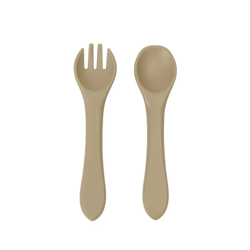 Juego de Cuchara y Tenedor de Silicona de Grado Alimenticio para Bebés, Utensilios de Alimentación para Niños Pequeños con Mango Largo y Cabeza Suave para Alimentos Infantiles