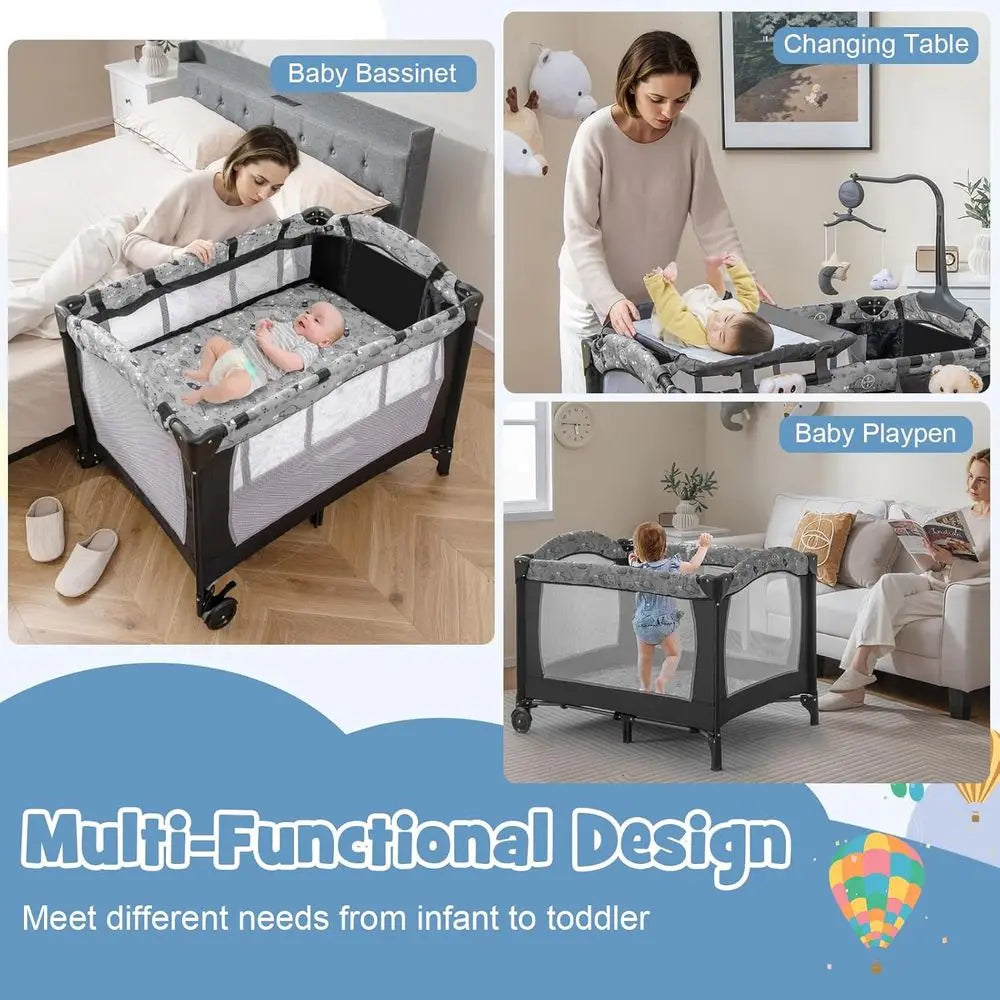 Pack and Play, Corralito portátil 4 en 1 para bebés con moisés, cambiador, ruedas con bloqueo, caja de música, cuna de viaje plegable