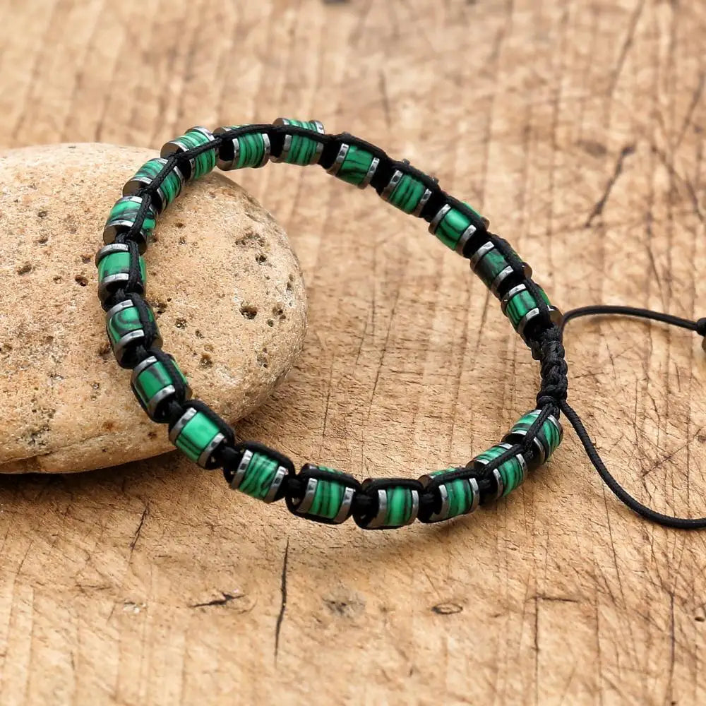 Pulsera trenzada de cuentas de hematita de malaquita de 3x6mm, pulsera tejida hecha a mano con abalorio de Yoga bohemio, joyería de moda para hombres y mujeres