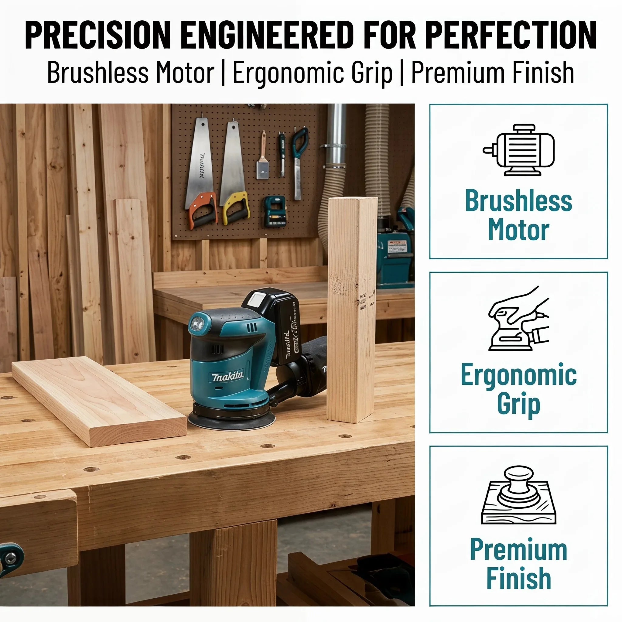Lijadora Orbital Inalámbrica Makita DBO180Z de 18V, Pulidora Multivelocidad sin Escobillas para Lijado Profesional y Bricolaje en Madera (Solo Herramienta)