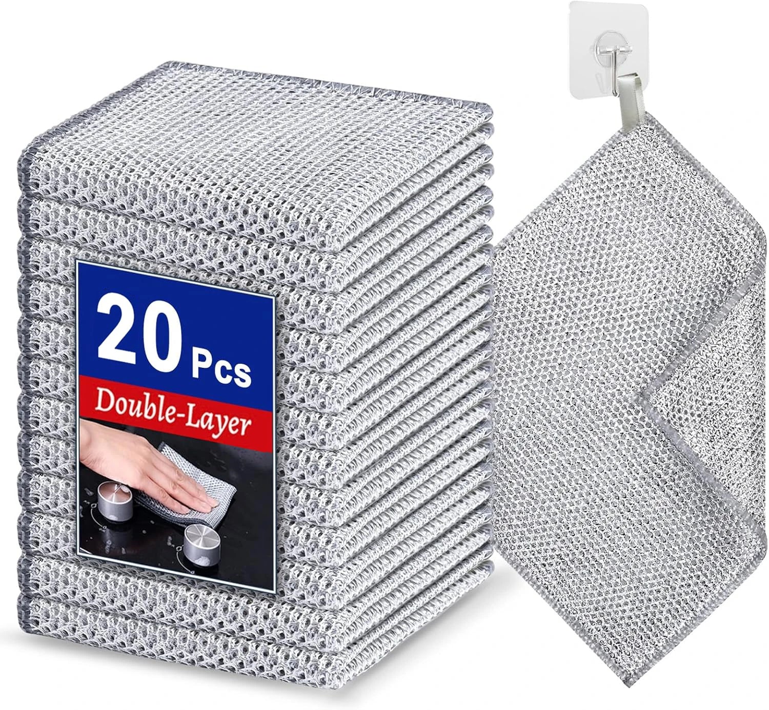 Paño de limpieza de alambre de acero engrosado de doble capa, no abrasivo, de microfibra y malla, para lavar ollas y utensilios de cocina, 20/2 unidades