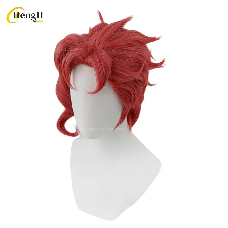 En Stock Anime Noriaki Kakyoin sintético Unisex pelo corto rojo rizado Cosplay Anime peluca pelo resistente al calor pelucas de fiesta + gorro de peluca