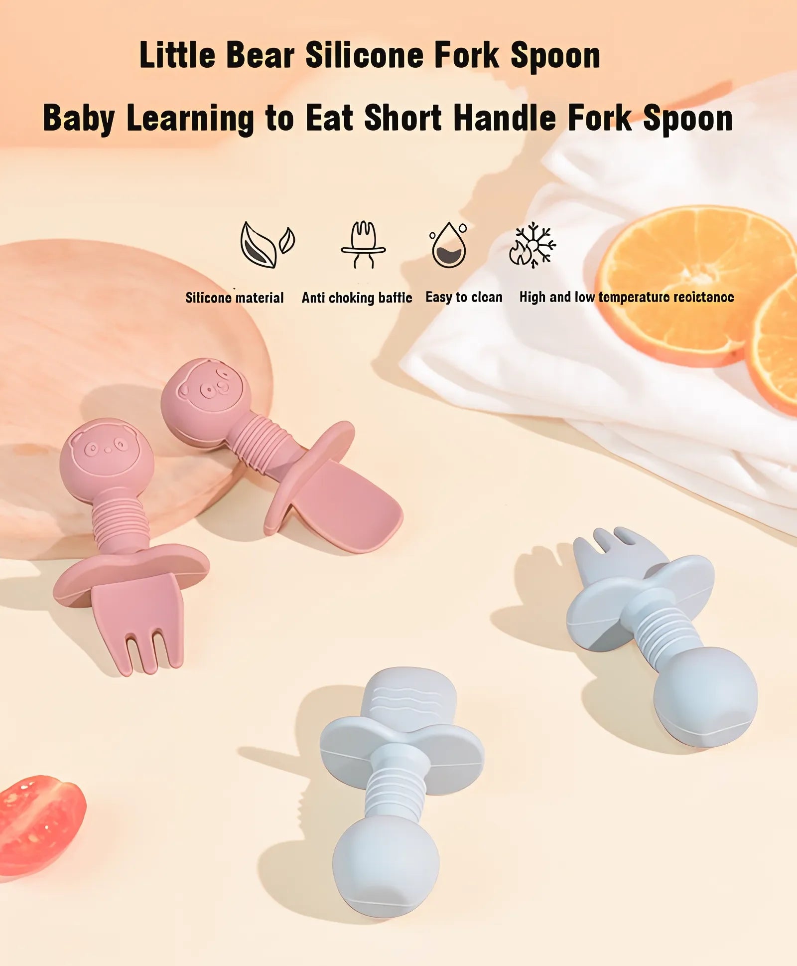 2 piezas de cubiertos de silicona con mango de madera de grado alimenticio para niños, cuchara y tenedor para entrenamiento de bebés, cuchara para alimentación complementaria, cuchara y tenedor para alimentación de bebés