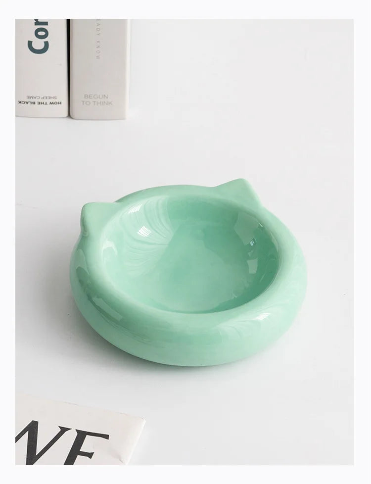 Cuenco de comida con forma de oreja de gato de fondo plano de cerámica creativo, plato de comedor, suministros antisuciedad para mascotas, cuenco para beber