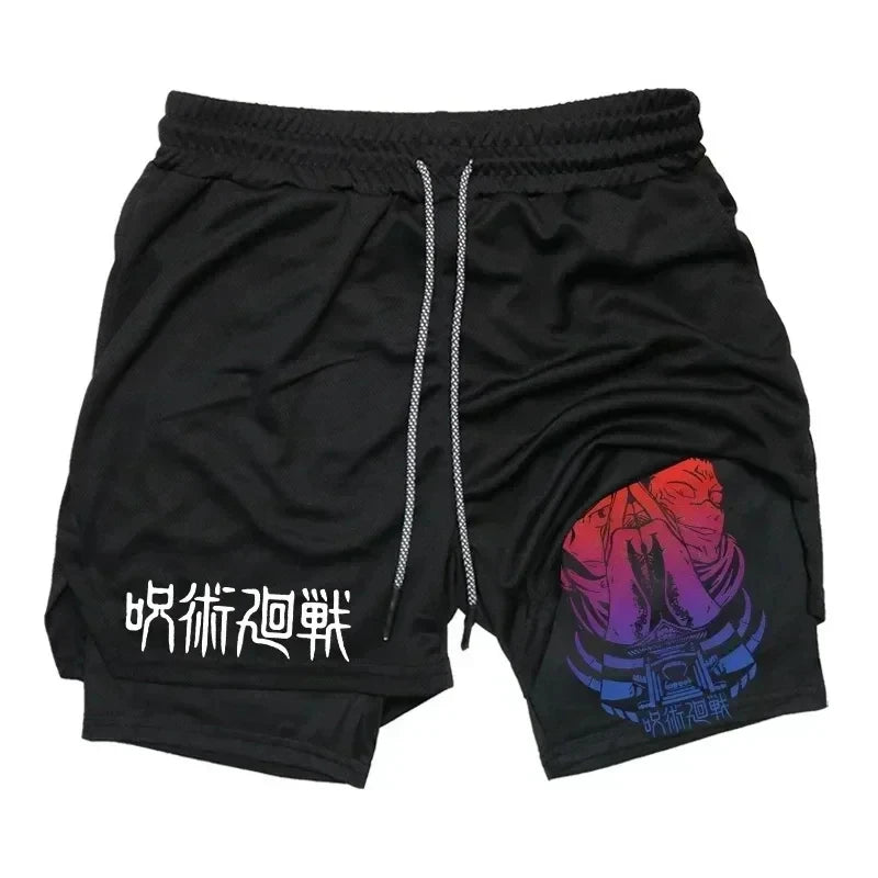 Pantalones cortos deportivos para hombre Jujutsu Kaisen Anime Graphic 2 en 1 pantalones cortos de compresión para hombre pantalones cortos de rendimiento de gimnasio de secado rápido atléticos