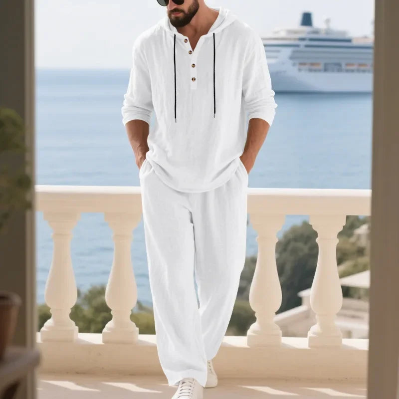 Conjunto informal holgado de lino para hombre, camisa Henry de manga larga y pantalones largos, conjunto cómodo y transpirable a la moda para otoño 2025