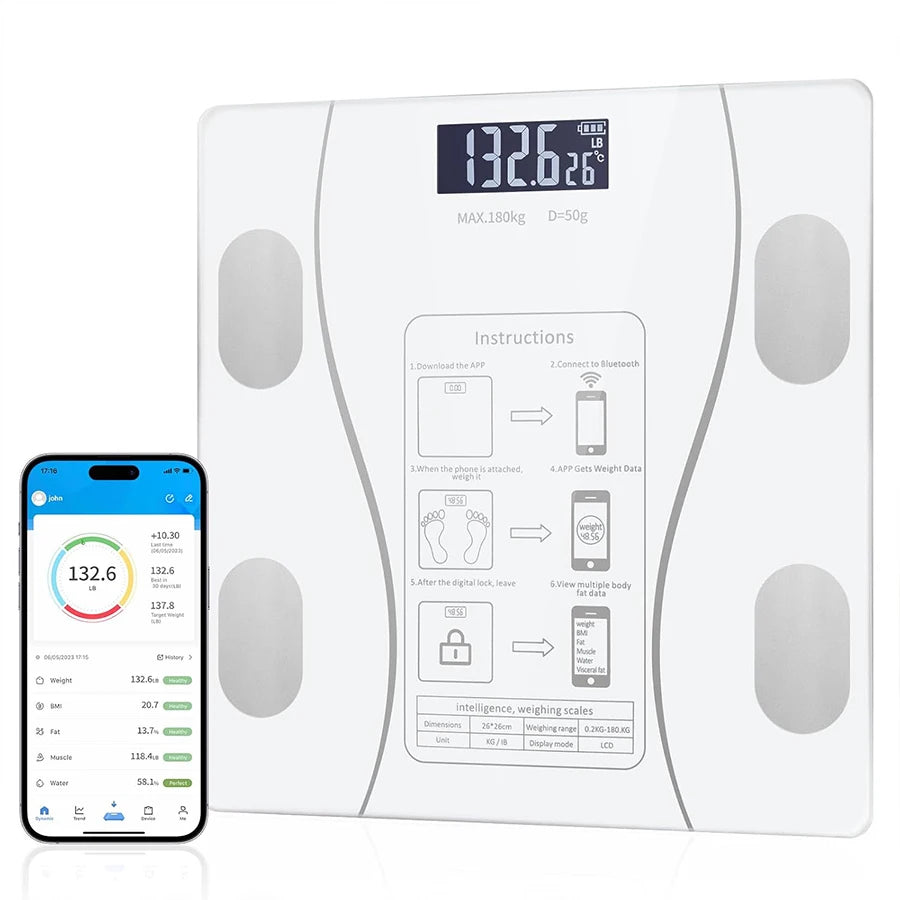Báscula inteligente de grasa corporal con Pantalla LED - báscula de baño digital con bluetooth, medición precisa de la composición corporal, masa muscular, IMC y análisis de agua corporal