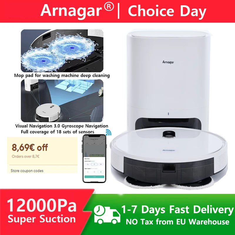 Robot Aspirador Arnagar S10 con Autovaciado, Recolección de Polvo, Función de Fregado, 12000Pa, 5200mAh, Bajo Ruido, Control por APP para Limpieza del Hogar