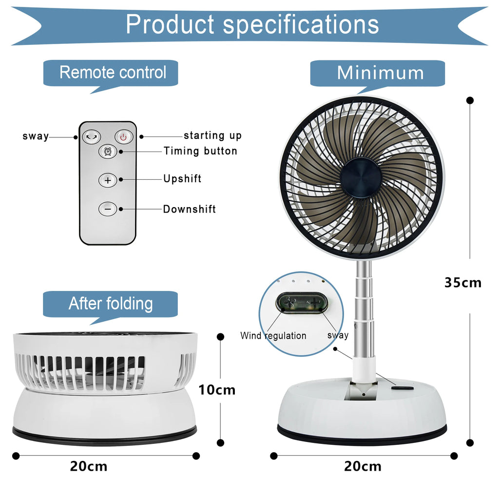 Ventilador de pie oscilante portátil con mando a distancia, ventilador de escritorio plegable, ventilador de Pedestal con batería recargable para acampar