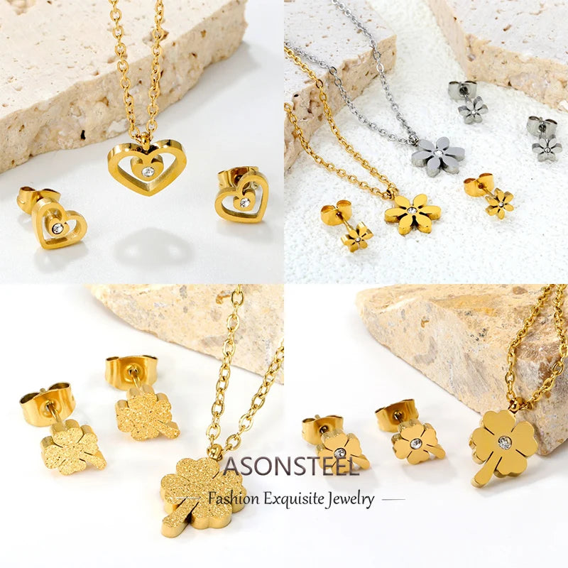 ASONSTEEL-collar con colgante de circonia y flor de corazón brillante para mujer, conjuntos de joyería de acero inoxidable, regalos delicados para uso diario