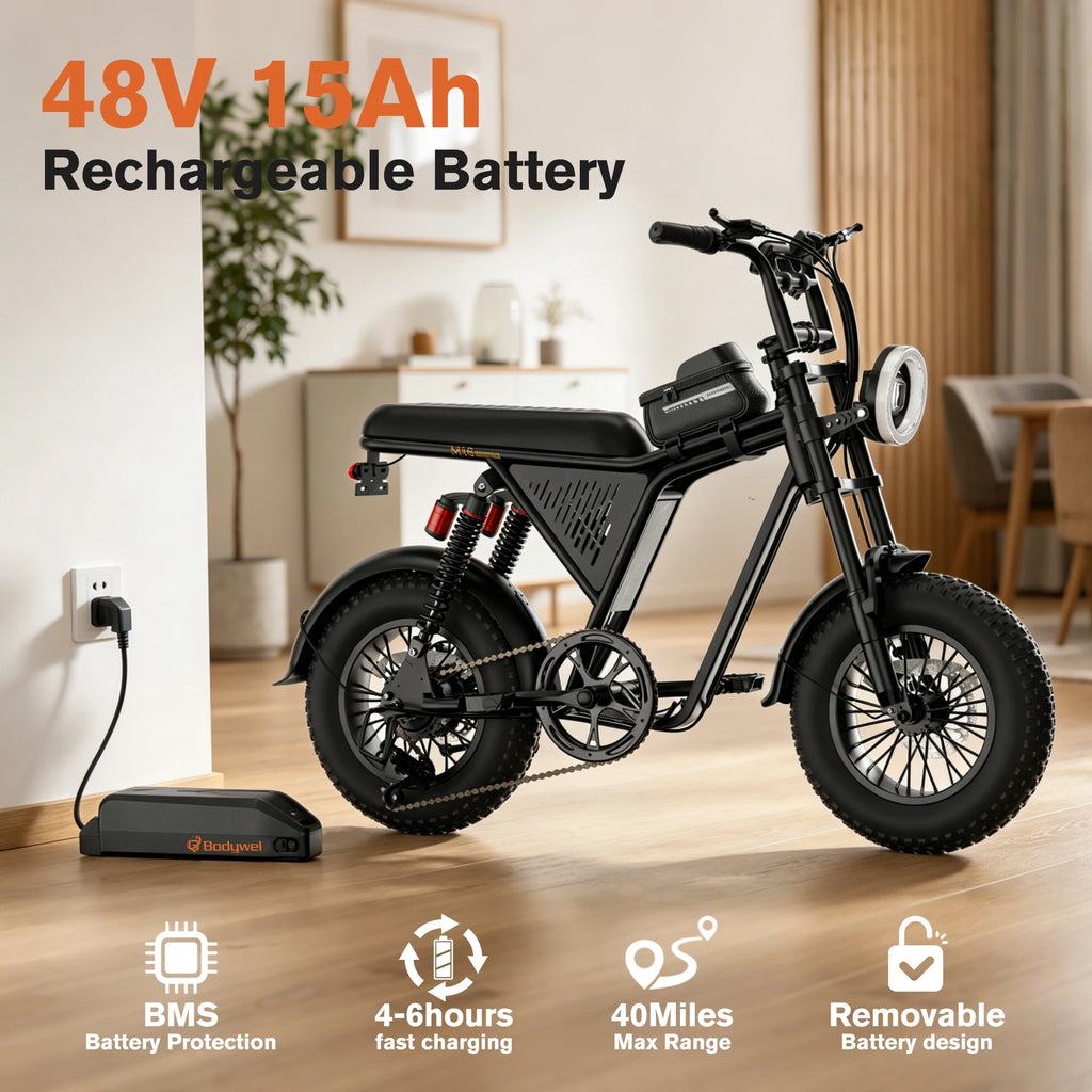 Bicicleta Eléctrica Todoterreno Bodywel M16 para Adultos, 1500w 48V 15.6ah, Bicicleta Eléctrica de Montaña con Neumáticos Gruesos de 16 Pulgadas para Entretenimiento al Aire Libre