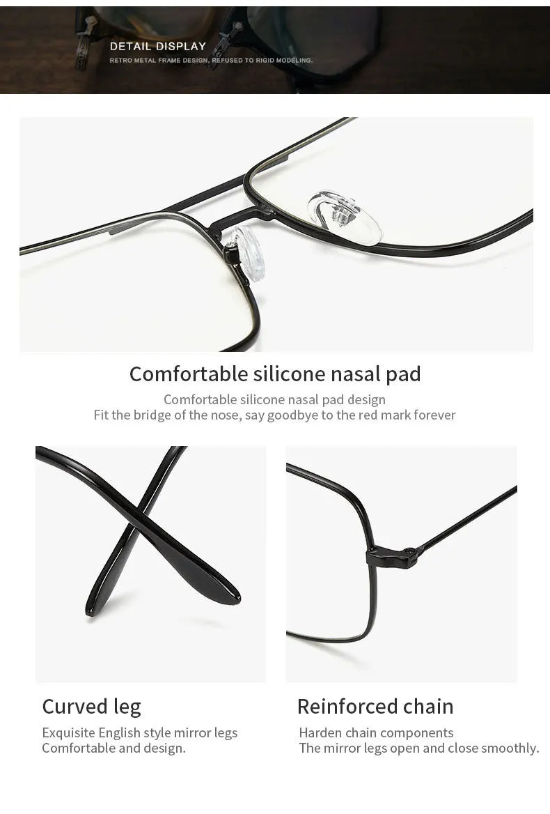 Gafas de Montura Cuadrada Grande, Estilo Vintage Simple, Montura Metálica Extra Grande para Hombre, Gafas de Moda para Mujer, Lentes Transparentes, Gafas Ópticas