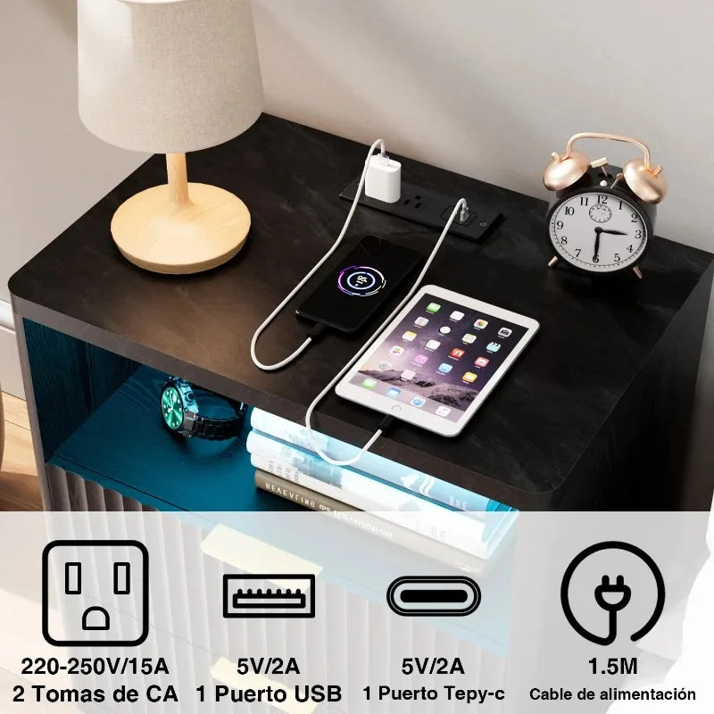 Mesa de Noche con 2 Cajones y Estación de Carga, Ahorra Espacio, con Tomacorriente, de Madera, para Dormitorio, Esquina de Escritorio, Sala de Estar, Hogar
