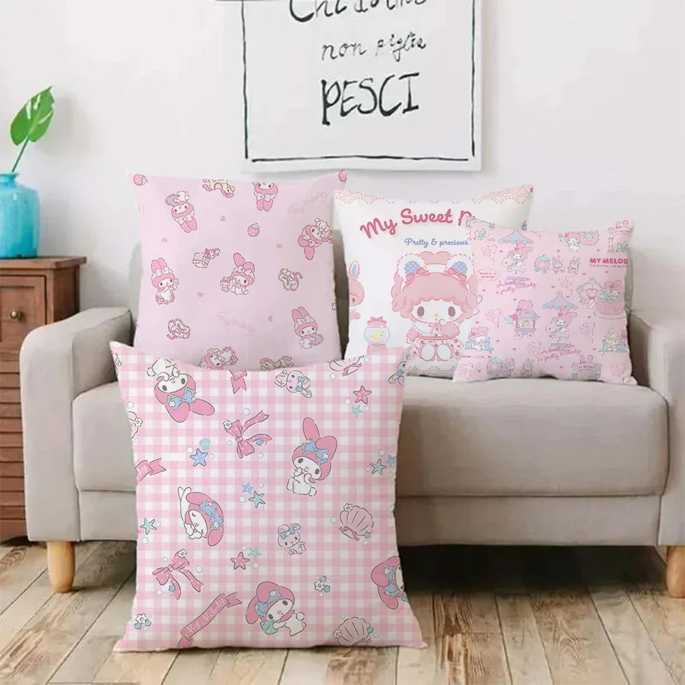 Sanrios-fundas de almohada rosa My Melody, sofá decorativo de dibujos animados para el hogar, estampado de doble cara, cojín bonito de felpa corto, nueva funda