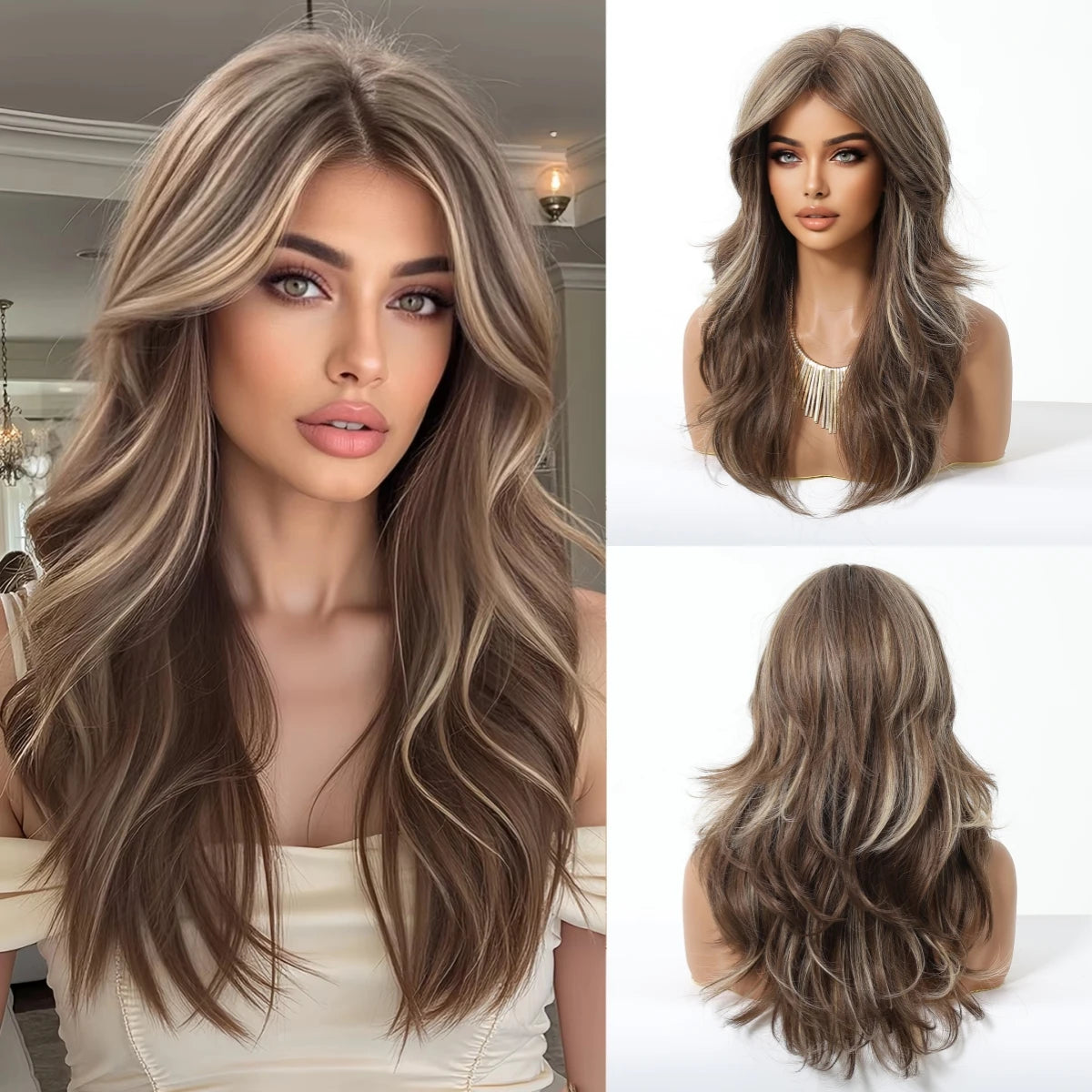 Pelucas Allbell Magique de largo ondulado en capas, pelo marrón miel con flequillo lateral para mujeres, pelucas sintéticas naturales resistentes al calor para uso diario